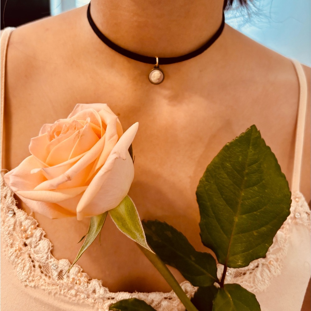Black Velvet Choker, with Victorian Cameo, adjustable collar